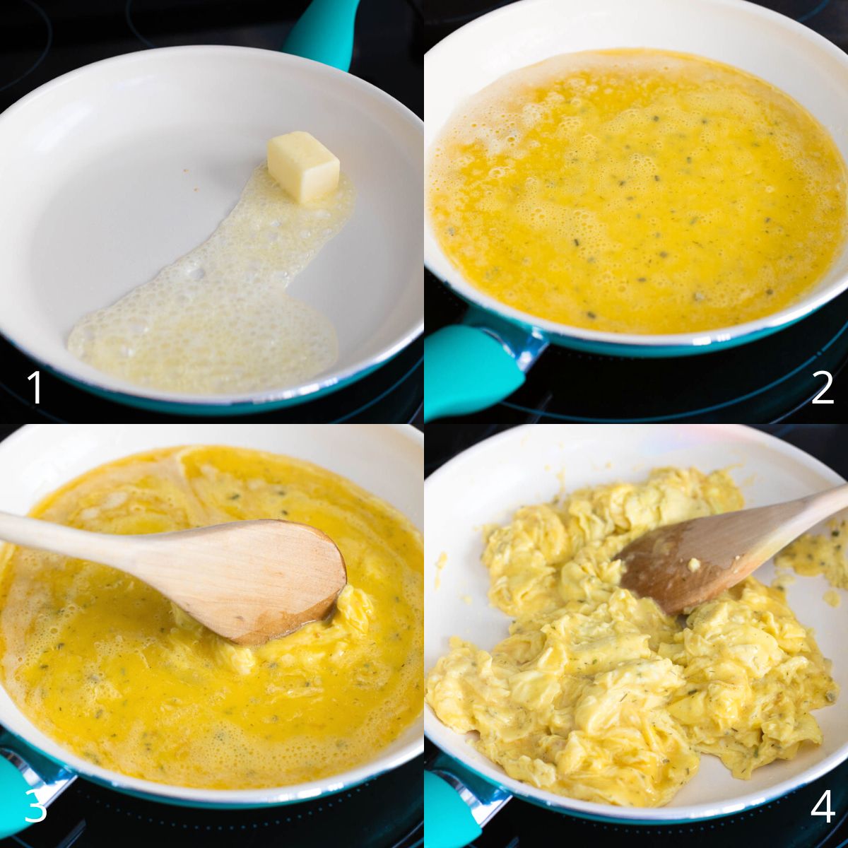 The step by step photos show how to scramble the eggs in a skillet.