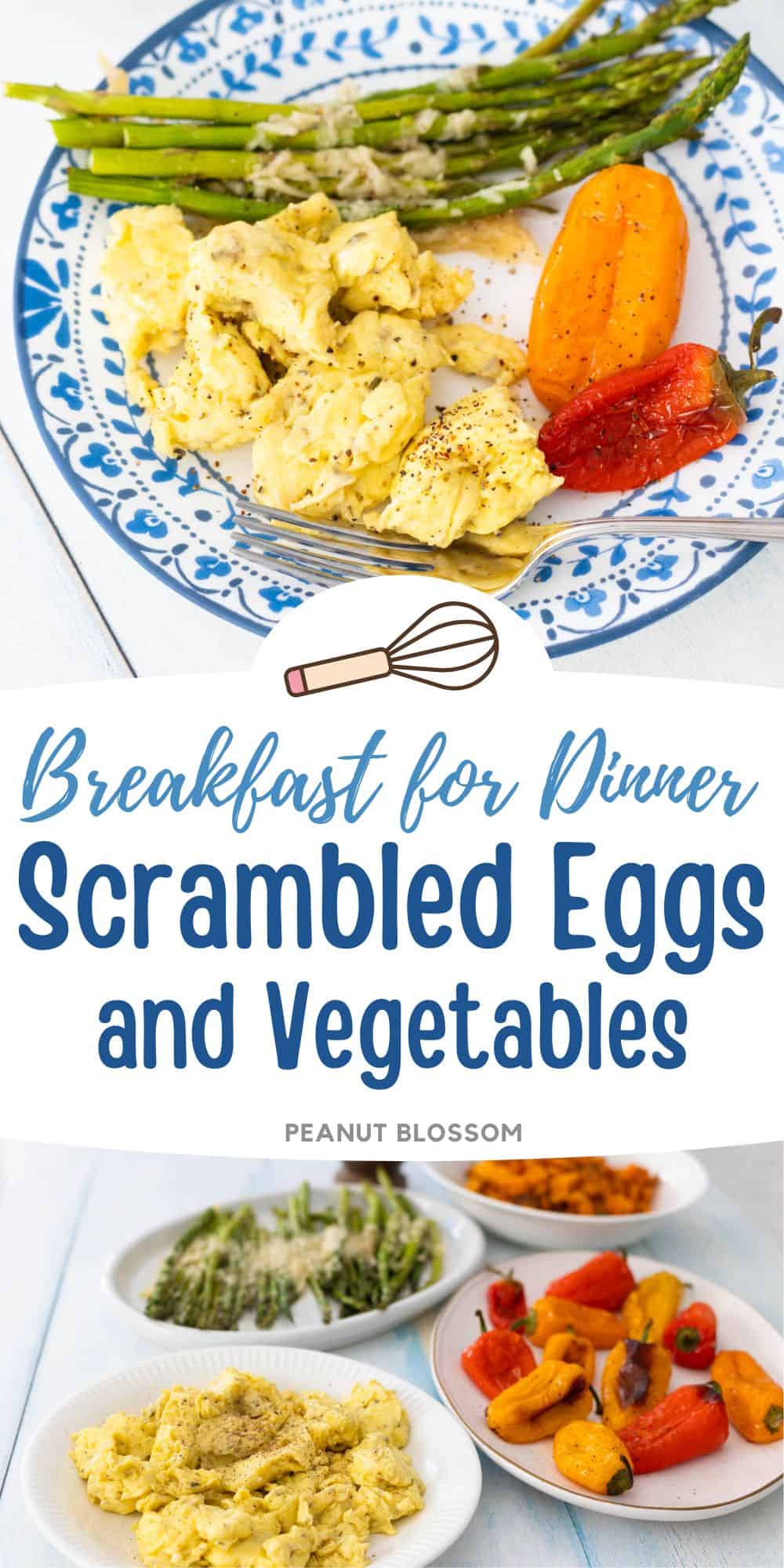 A photo collage shows scrambled eggs with vegetables.