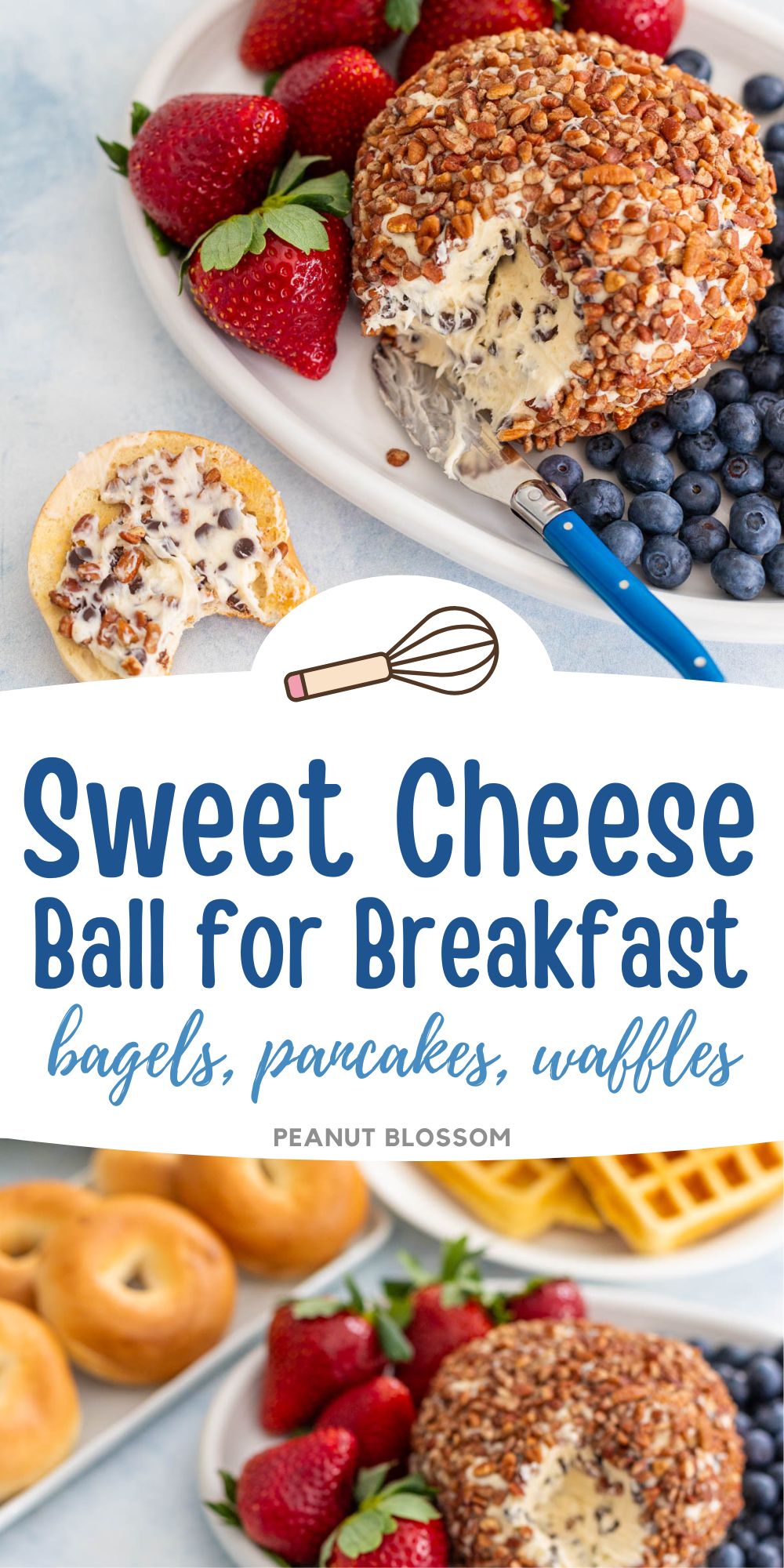 The photo collage shows the chocolate chip cheese ball in a breakfast spread with bagels and waffles.