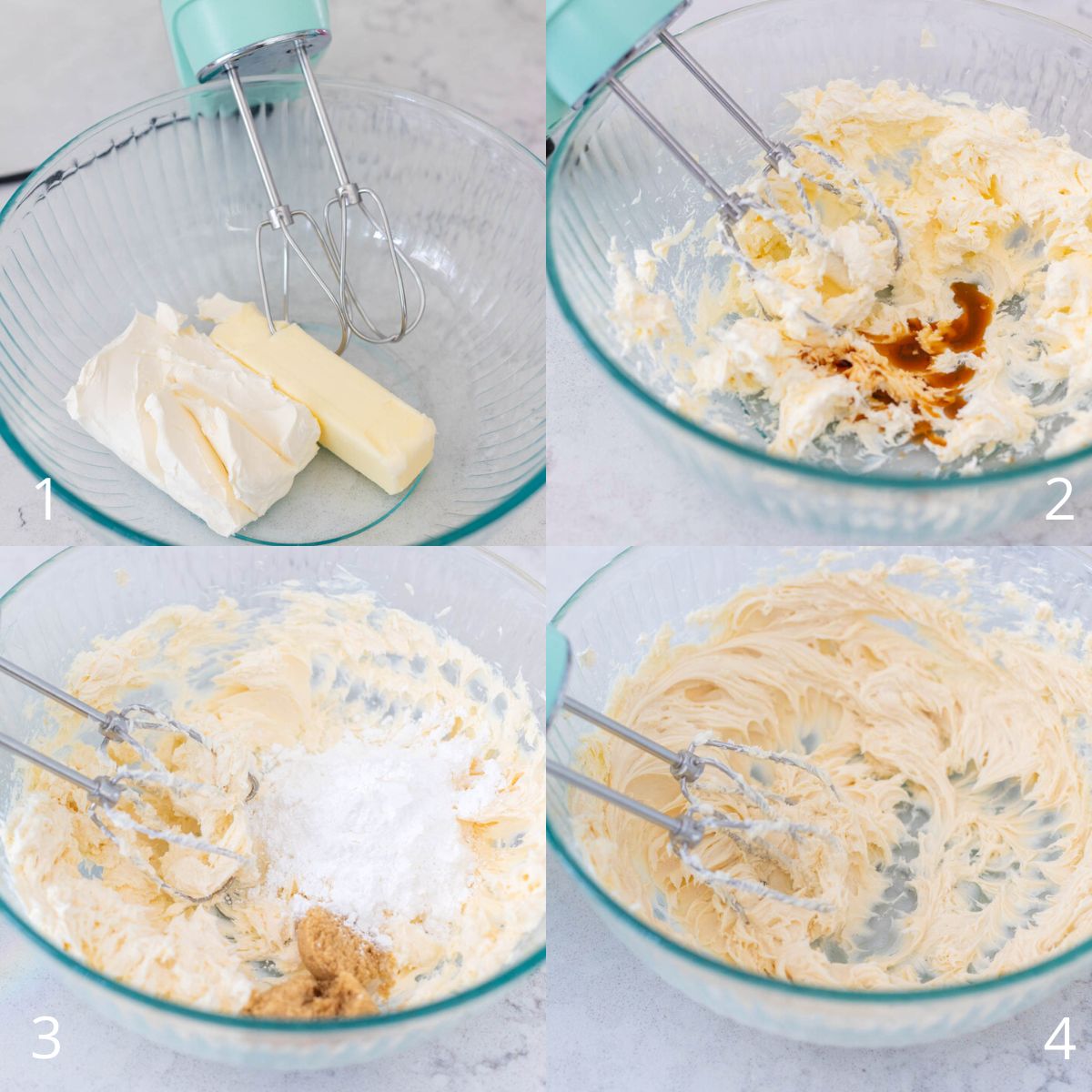 The step by step photos show how to beat the cream cheese and butter and add vanilla and sugar.