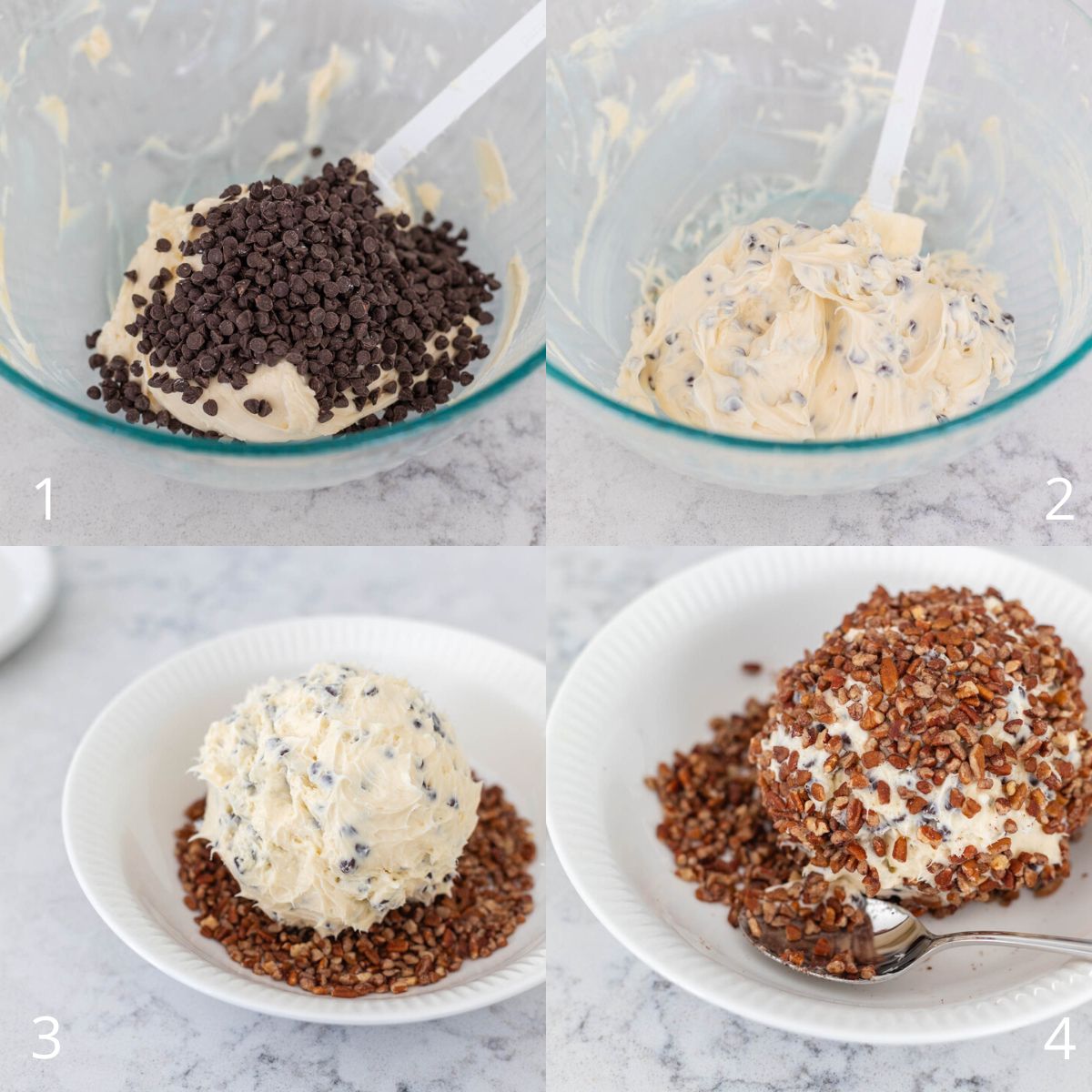 The step by step photos show how to shape the cheese ball and coat it in chopped pecans.