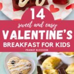 The photo collage shows 5 easy Valentine's Day breakfast ideas for kids including waffles, scones, and donuts.