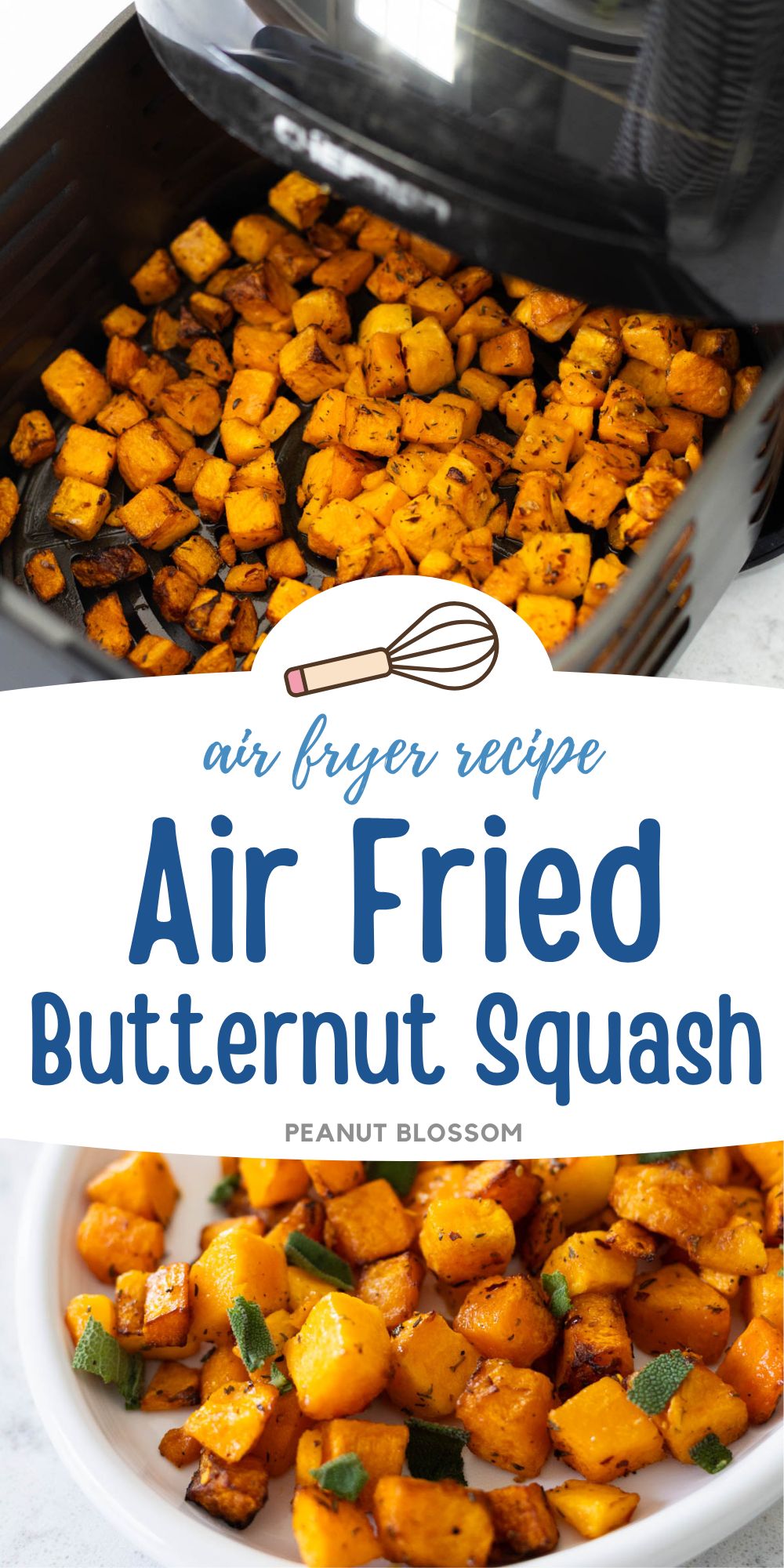 The photo collage shows the butternut squash in an air fryer basket next to the roasted squash on a platter.