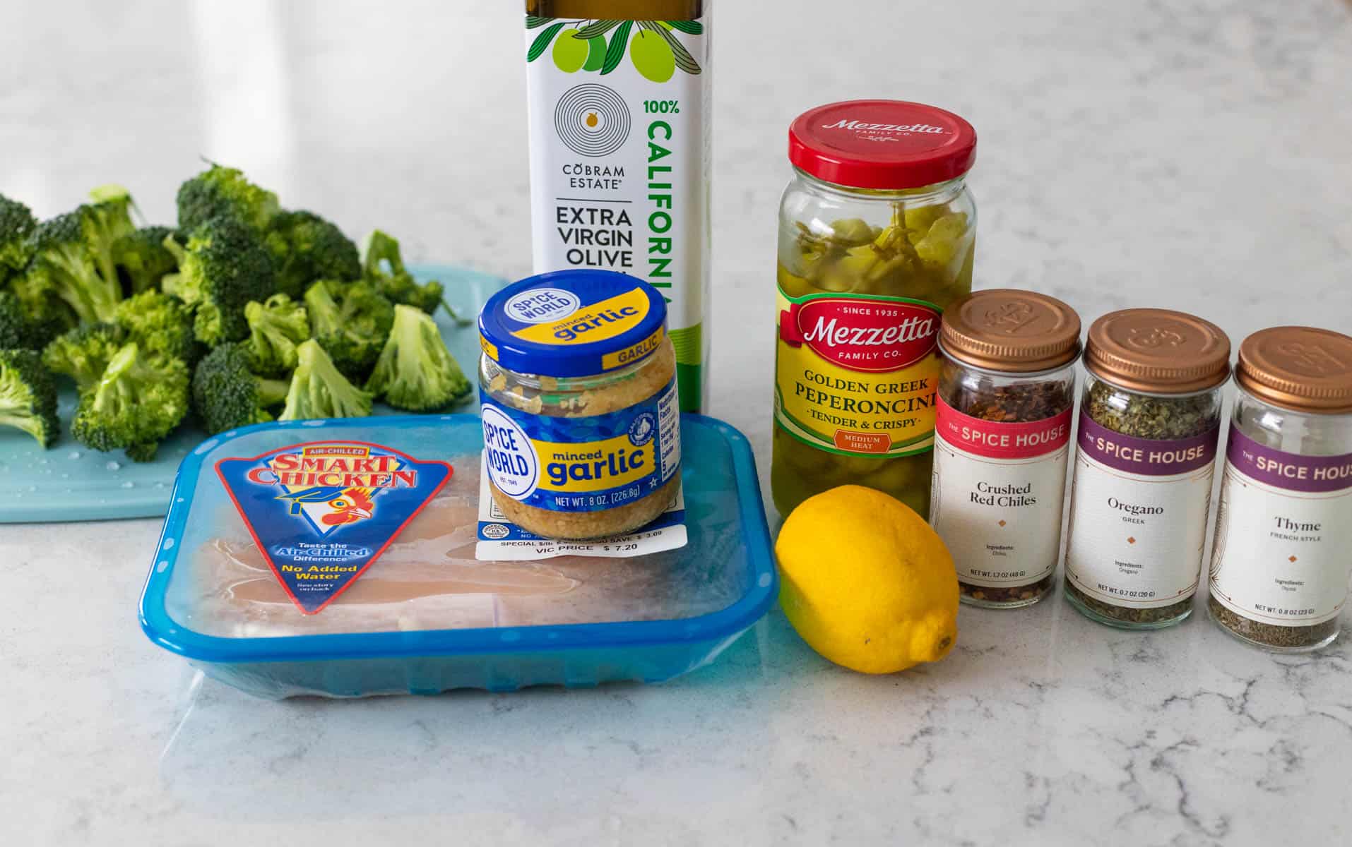 The ingredients to make chicken diavolo are on the counter.