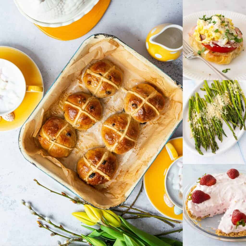 The photo collage shows easily scalable recipes for an Easter brunch for two.