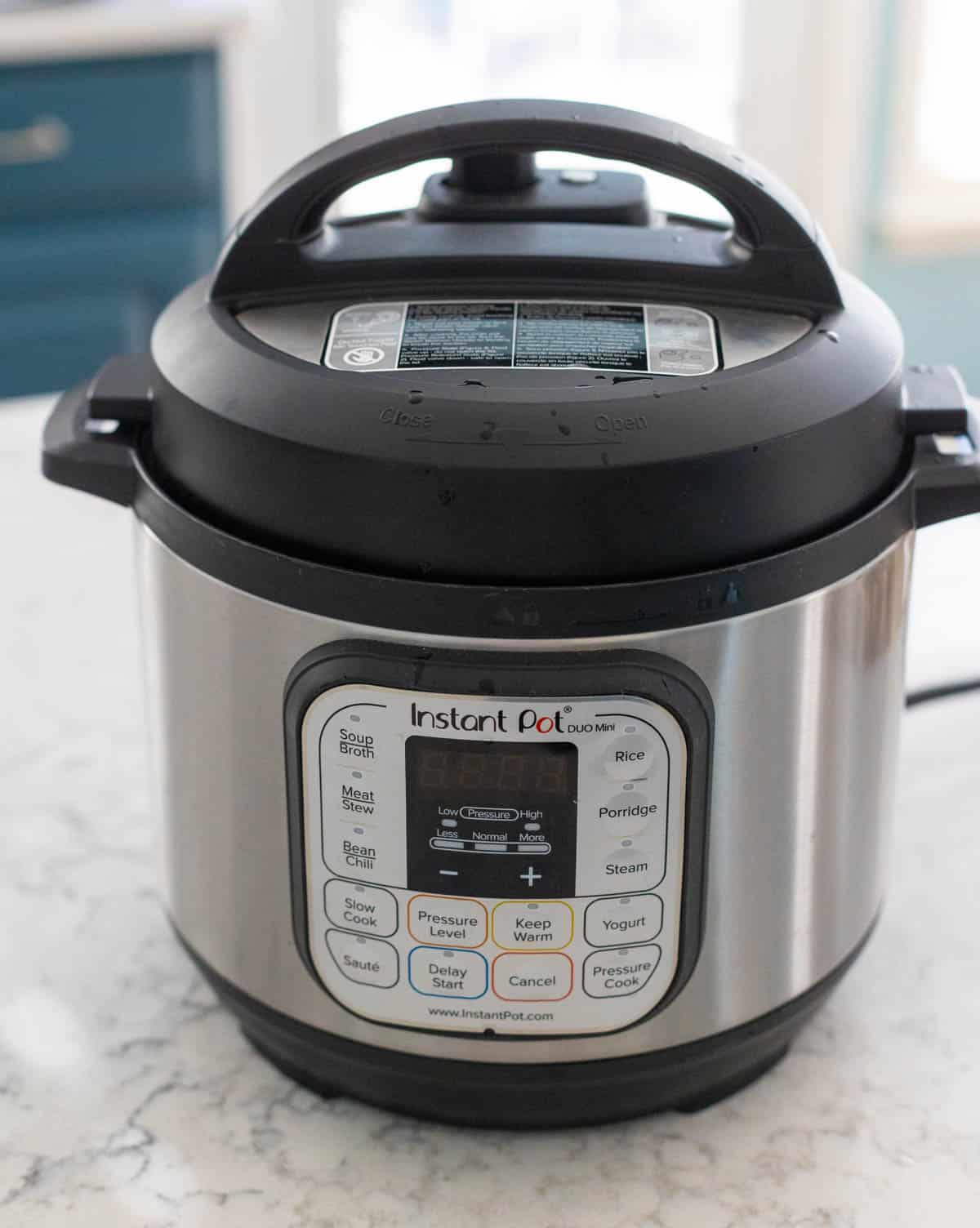 An Instant Pot is on the kitchen counter.