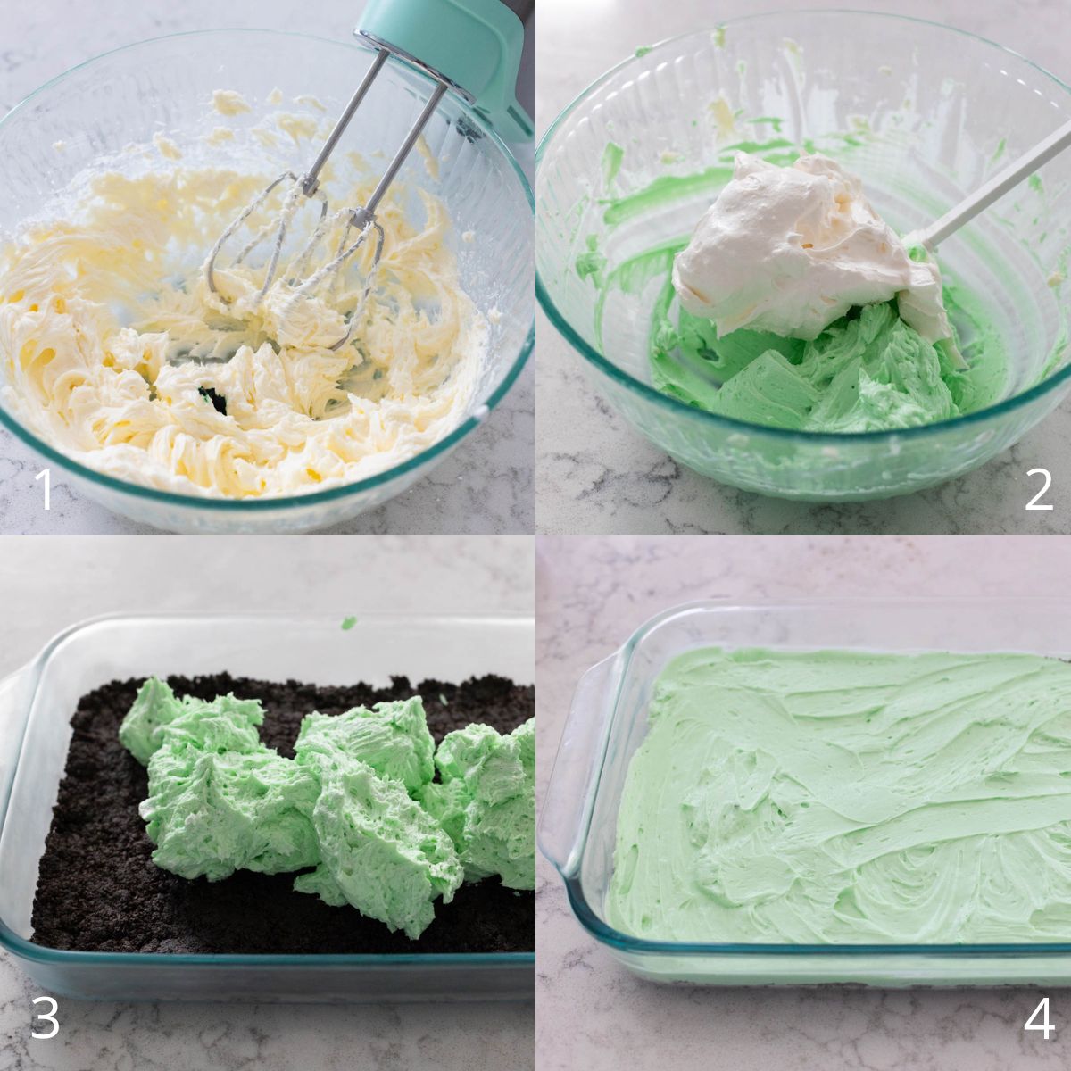The step by step photos show how to beat the cream cheese and turn it green for the shamrock shake layer.