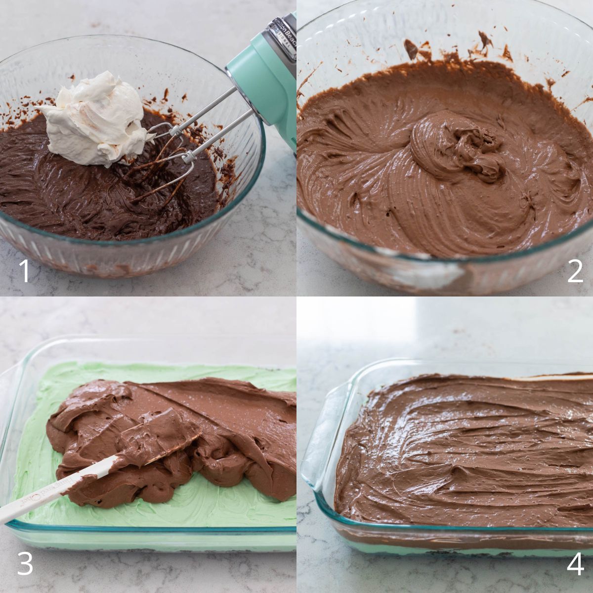 The step by step photos show how to make the chocolate pudding layer and spread it over the mint layer.