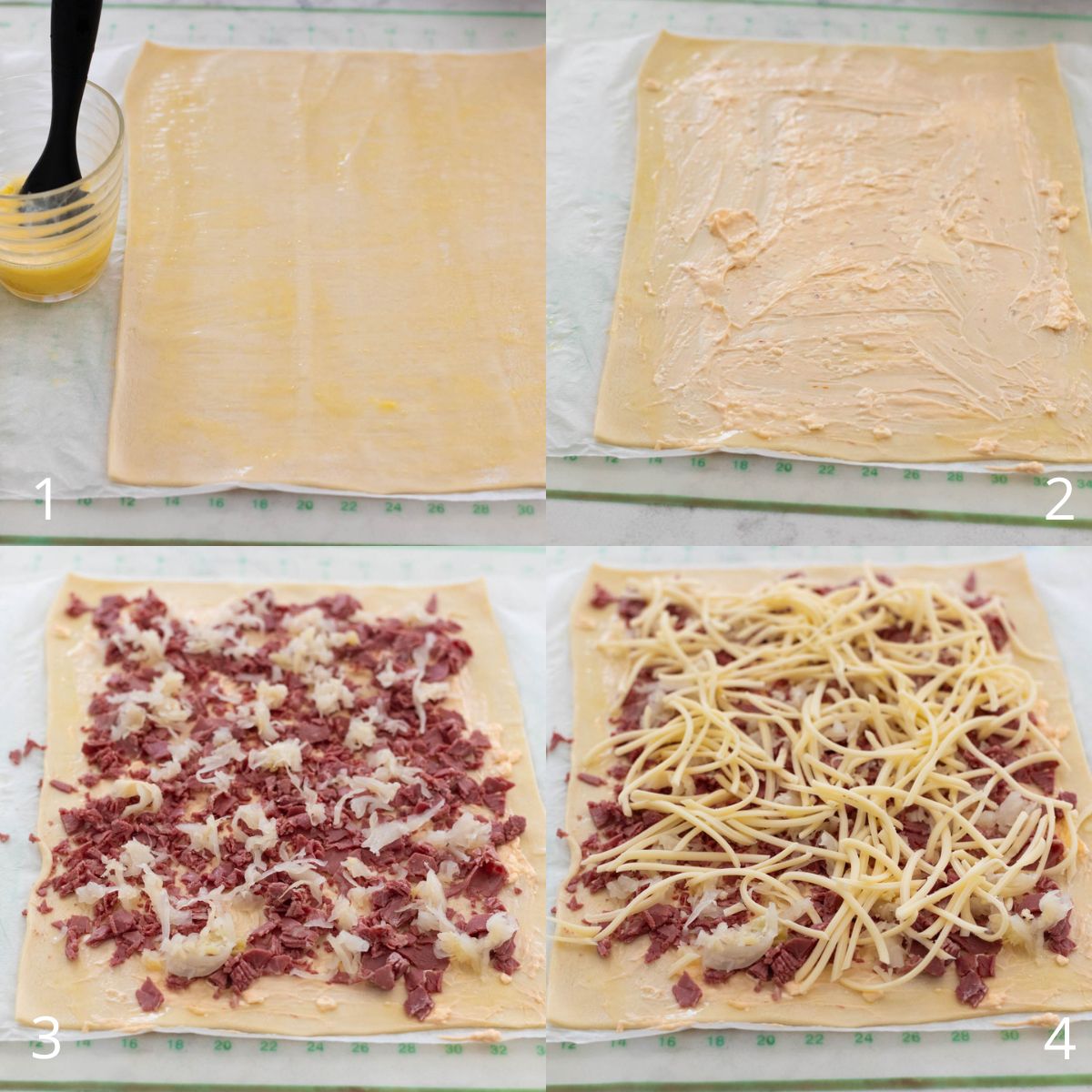 The step by step photos show how to assemble the reuben roll ups.