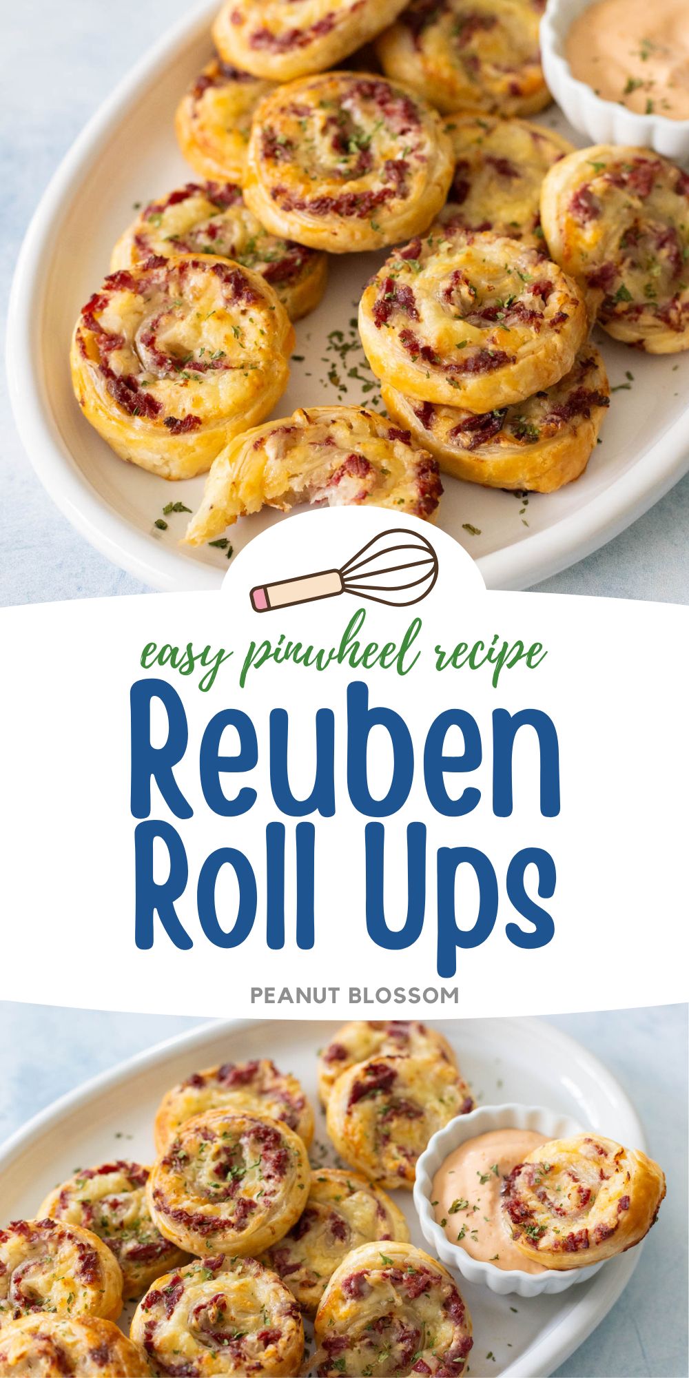 A photo collage shows the reuben roll ups from two angles so you can see the texture of the puff pastry and chunks of filling.