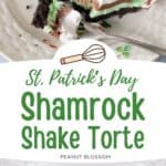 The shamrock shake torte on an Irish plate next to a photo of the torte being made.