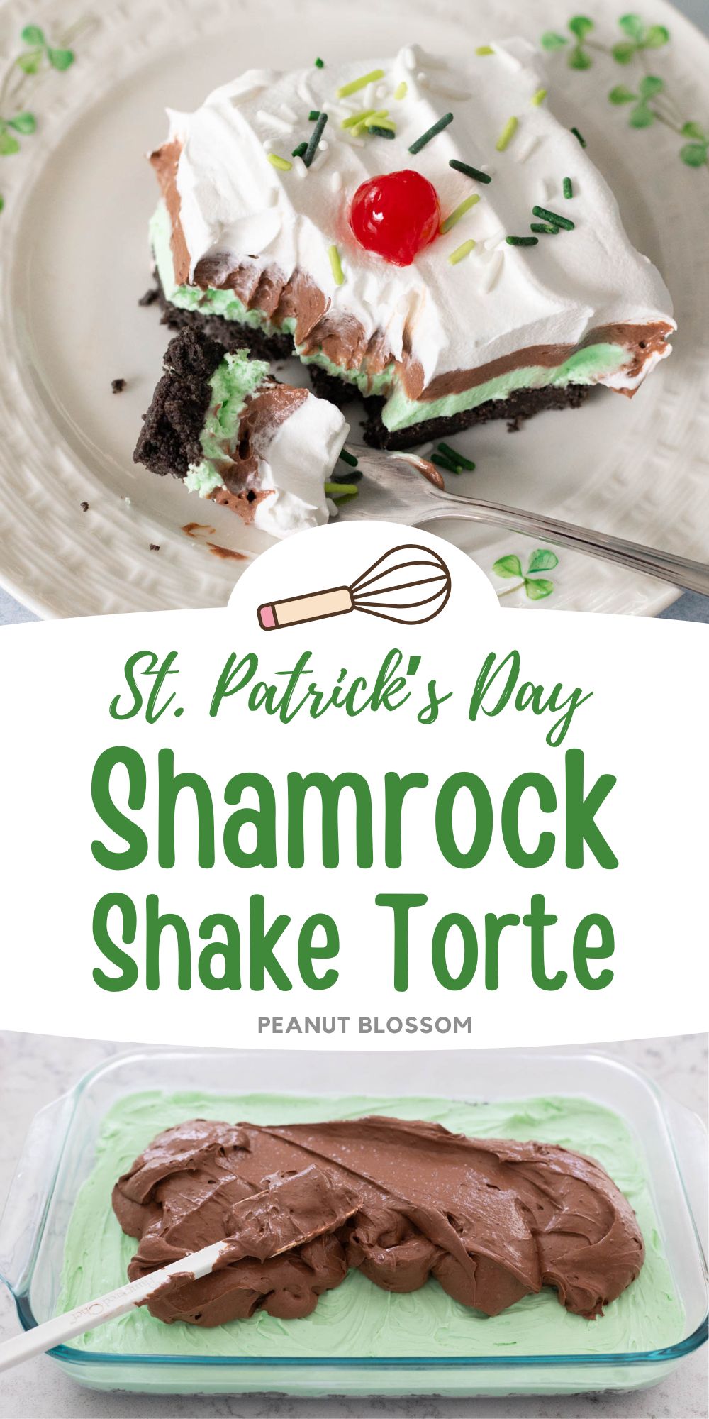 The shamrock shake torte on an Irish plate next to a photo of the torte being made.