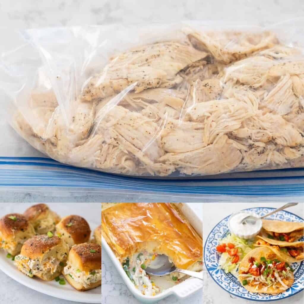 The photo collage shows a bag of shredded chicken next to 3 photos of the recipes you could make with it.