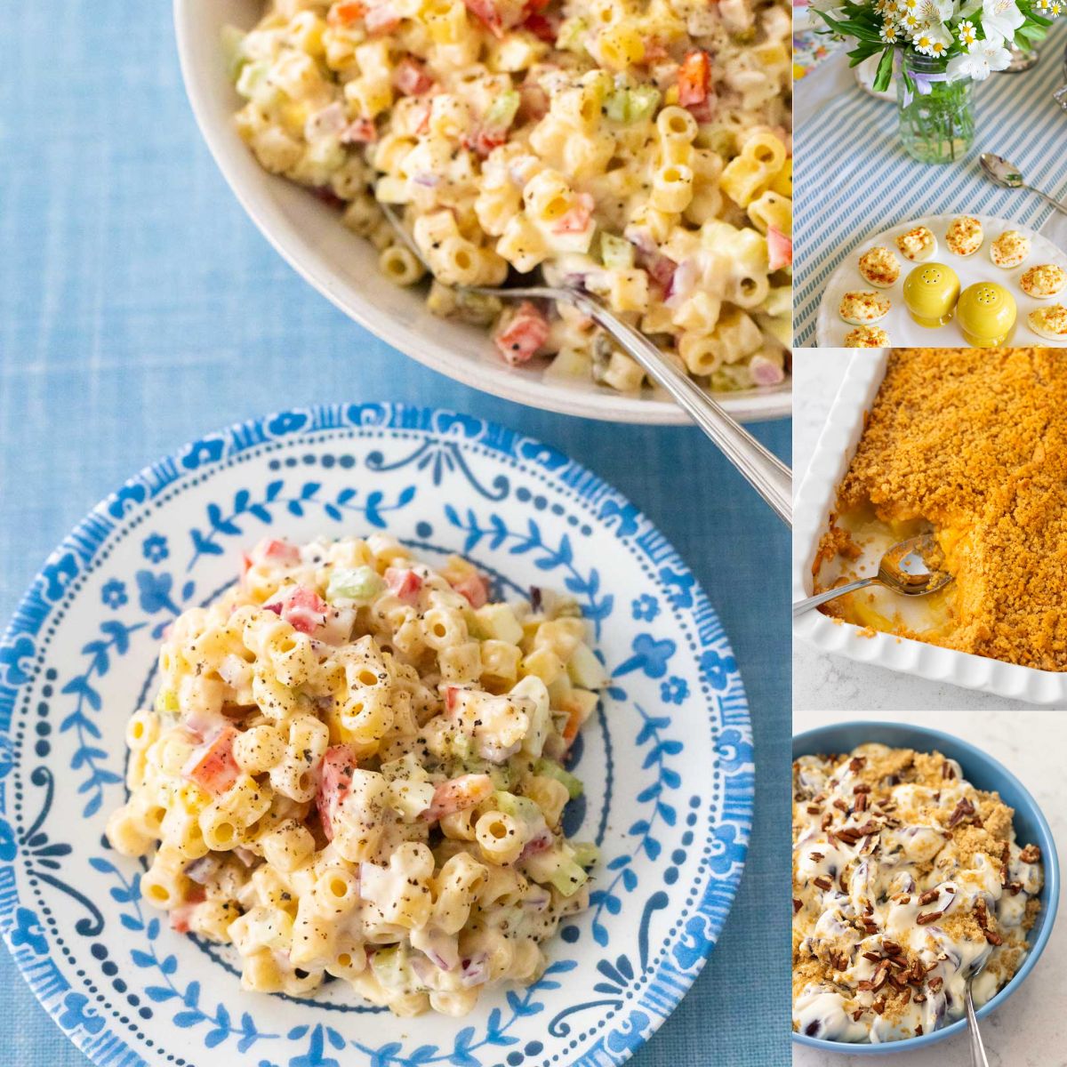 The photo collage shows several classic Southern Easter side dishes including macaroni, pineapple cheese casserole, grape salad, and deviled eggs.