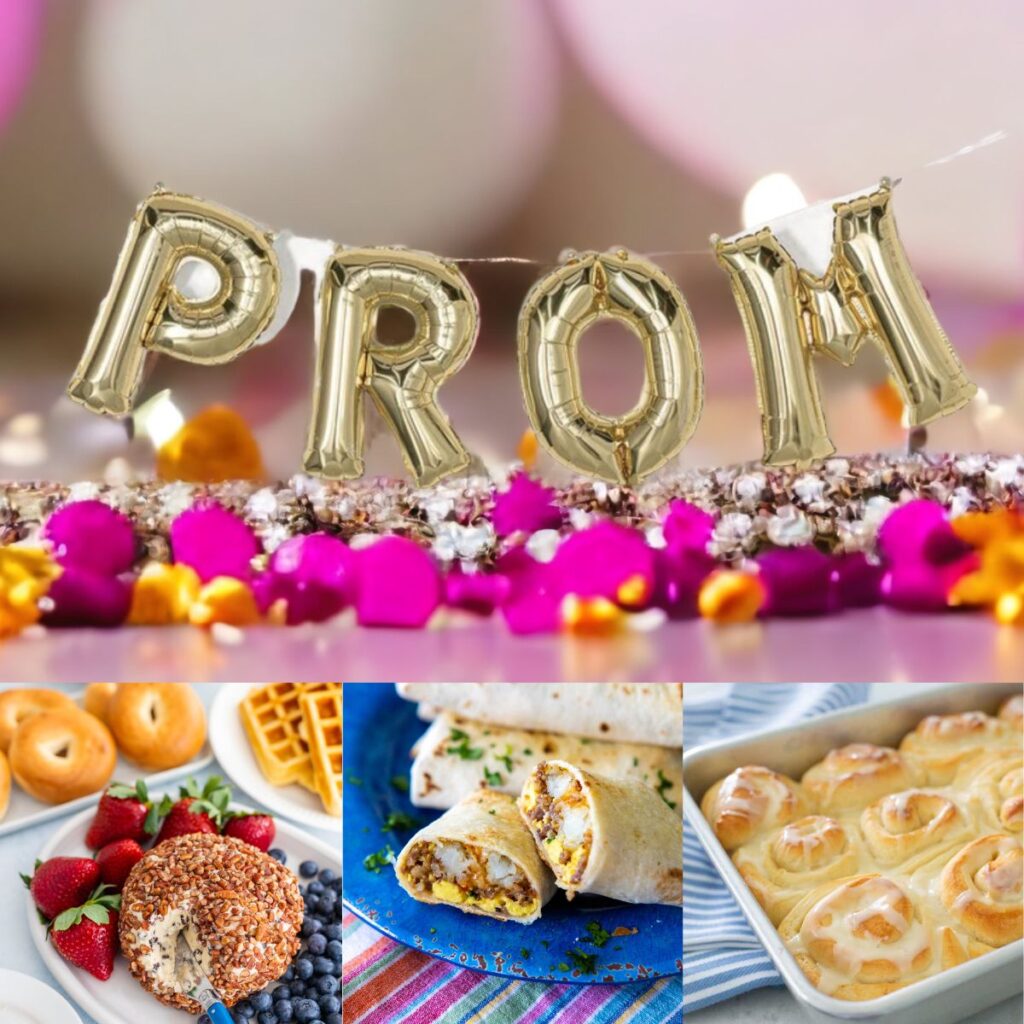 The photo collage shows balloons that spell out "PROM" next to several breakfast recipes.