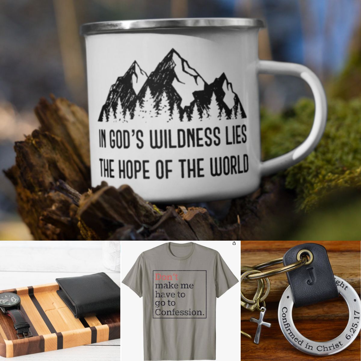 The photo collage shows a camp mug, a tee, a wooden tray, and a key ring.