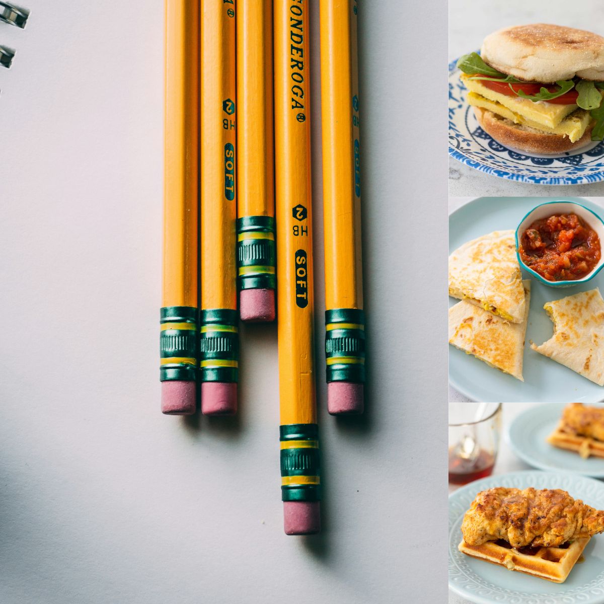 The photo collage shows a stack of #2 pencils next to 3 recipes for breakfast.