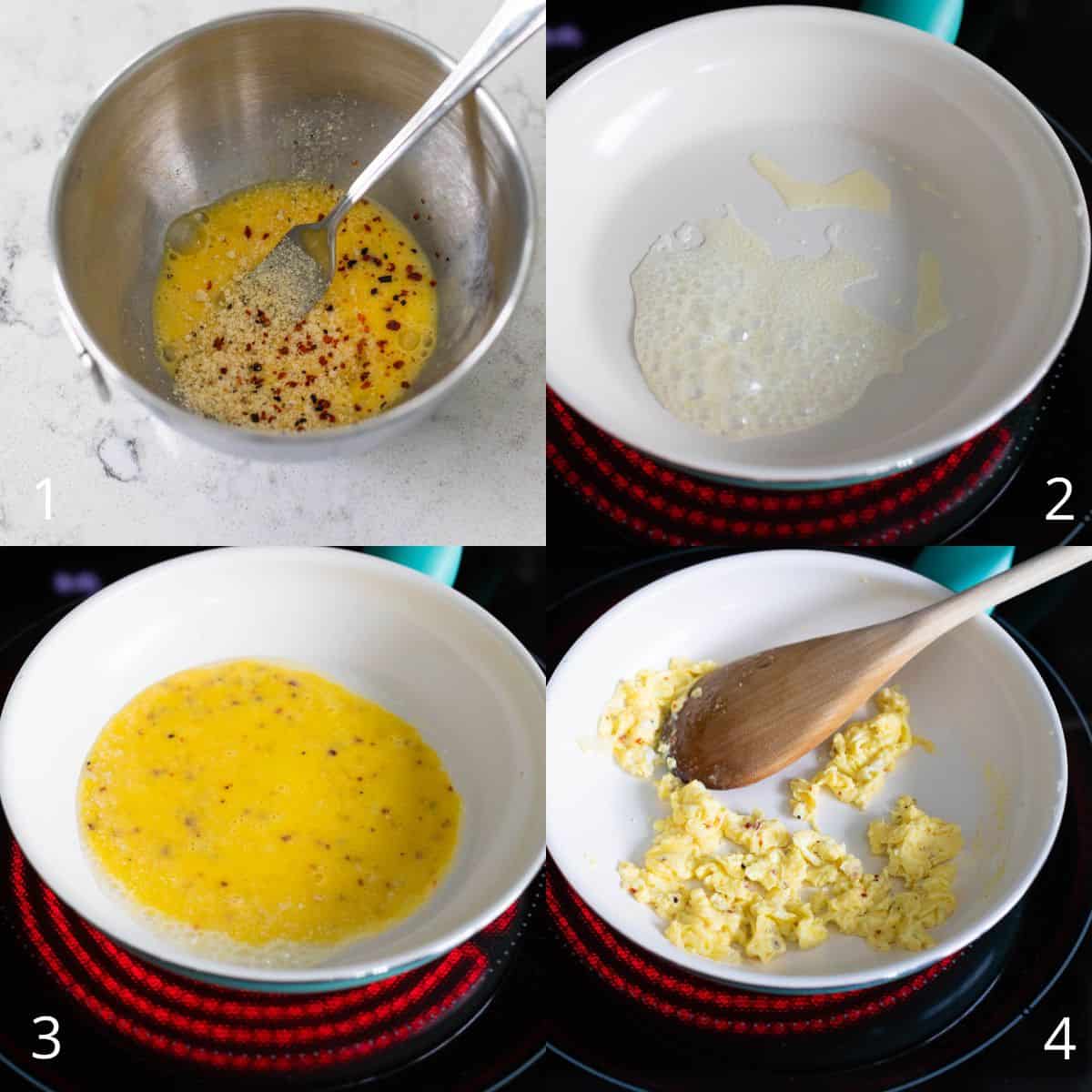 The step by step photos show how to whisk the egg, add seasonings, and then scramble it in a skillet with melted butter.