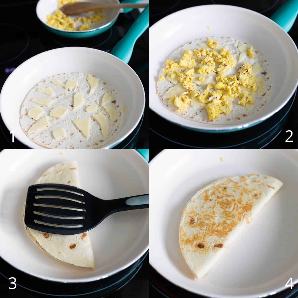 The step by step photos show how to griddle the tortilla in a skillet and top it with cheese and scrambled egg.