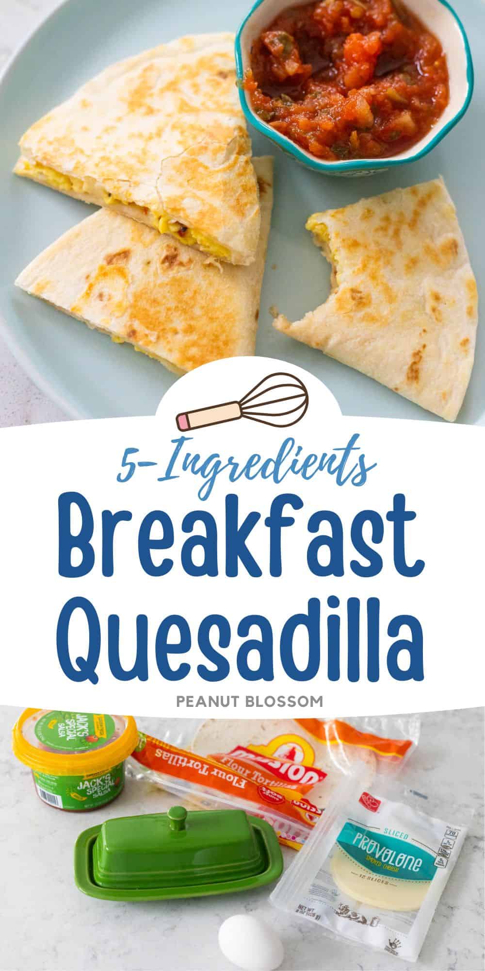 An egg and cheese breakfast quesadilla on a plate with a cup of salsa.
