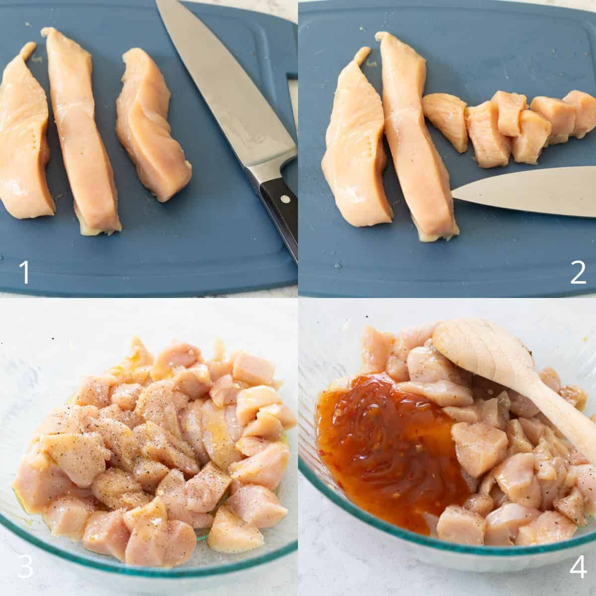 The step by step photos show how to slice the chicken and season it in a mixing bowl.