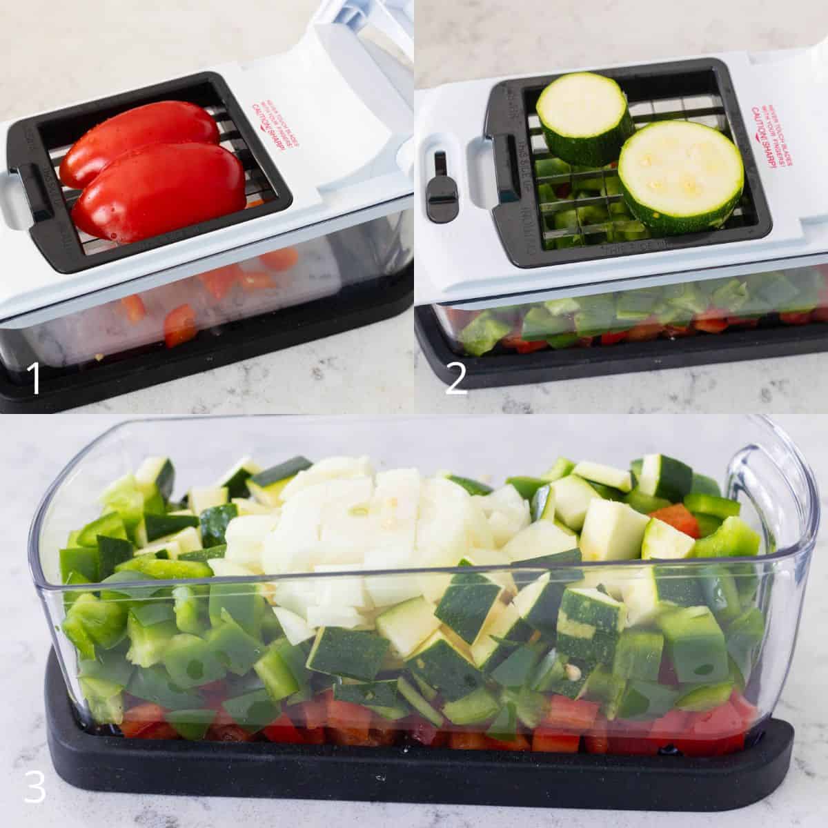 The step by step photos show how to slice the vegetables with a chopper.