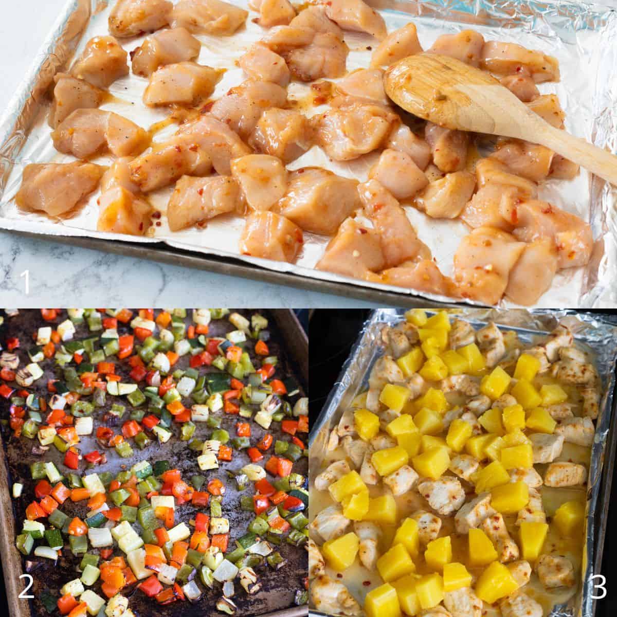 The step by step photos show how to bake the pans of chicken and veggies and then add the pineapple chunks.