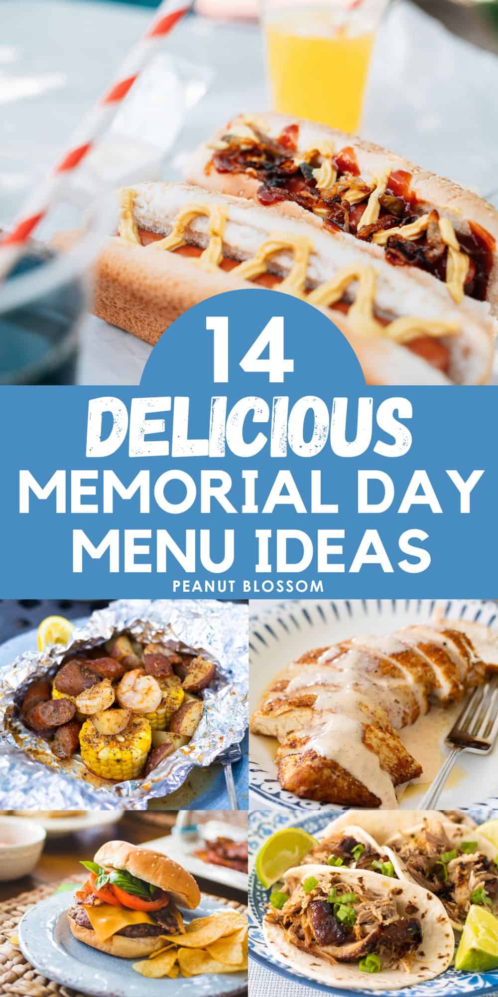 The photo collage shows 5 delicious recipes to make for a cookout on Memorial Day.