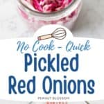 The finished red onions are in a mason jar being stirred with a fork.
