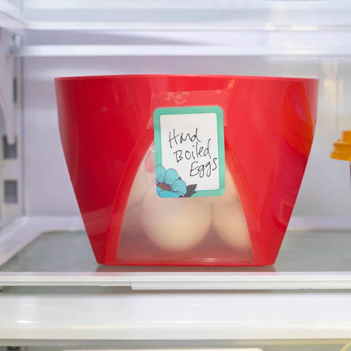 A plastic bowl filled with hard boiled eggs in the fridge.