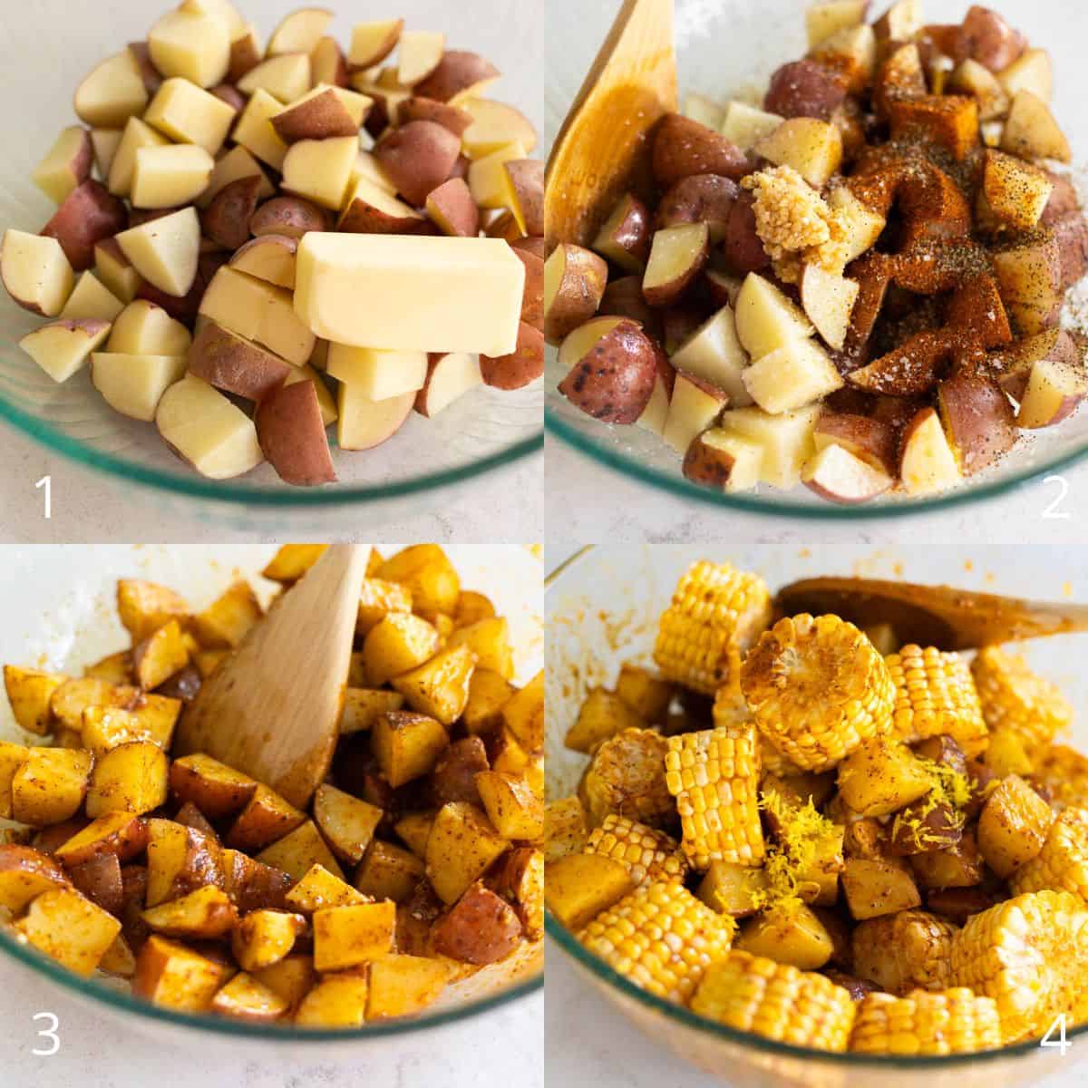The step by step photos show how to microwave the potato cubes, add the butter and seasonings, and then mix in the corn.