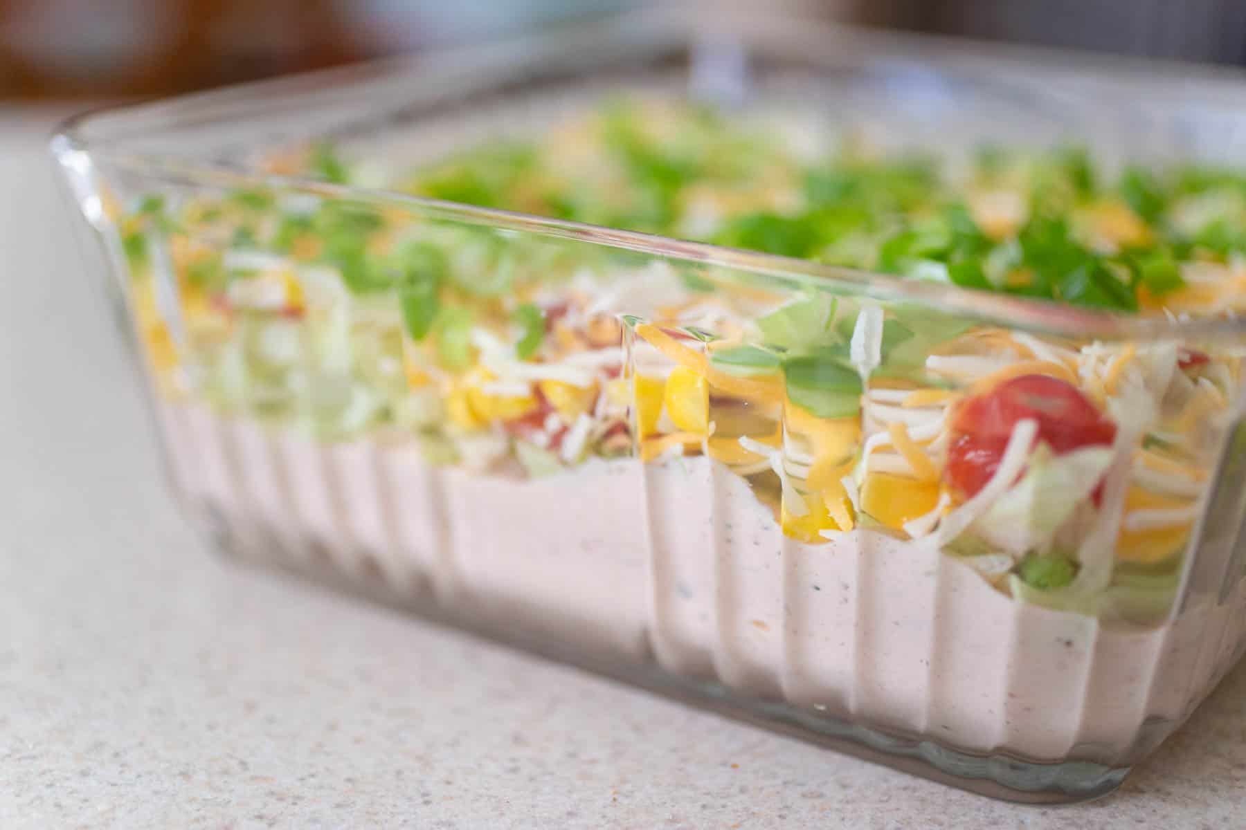 The container of taco dip is ready for the fridge.