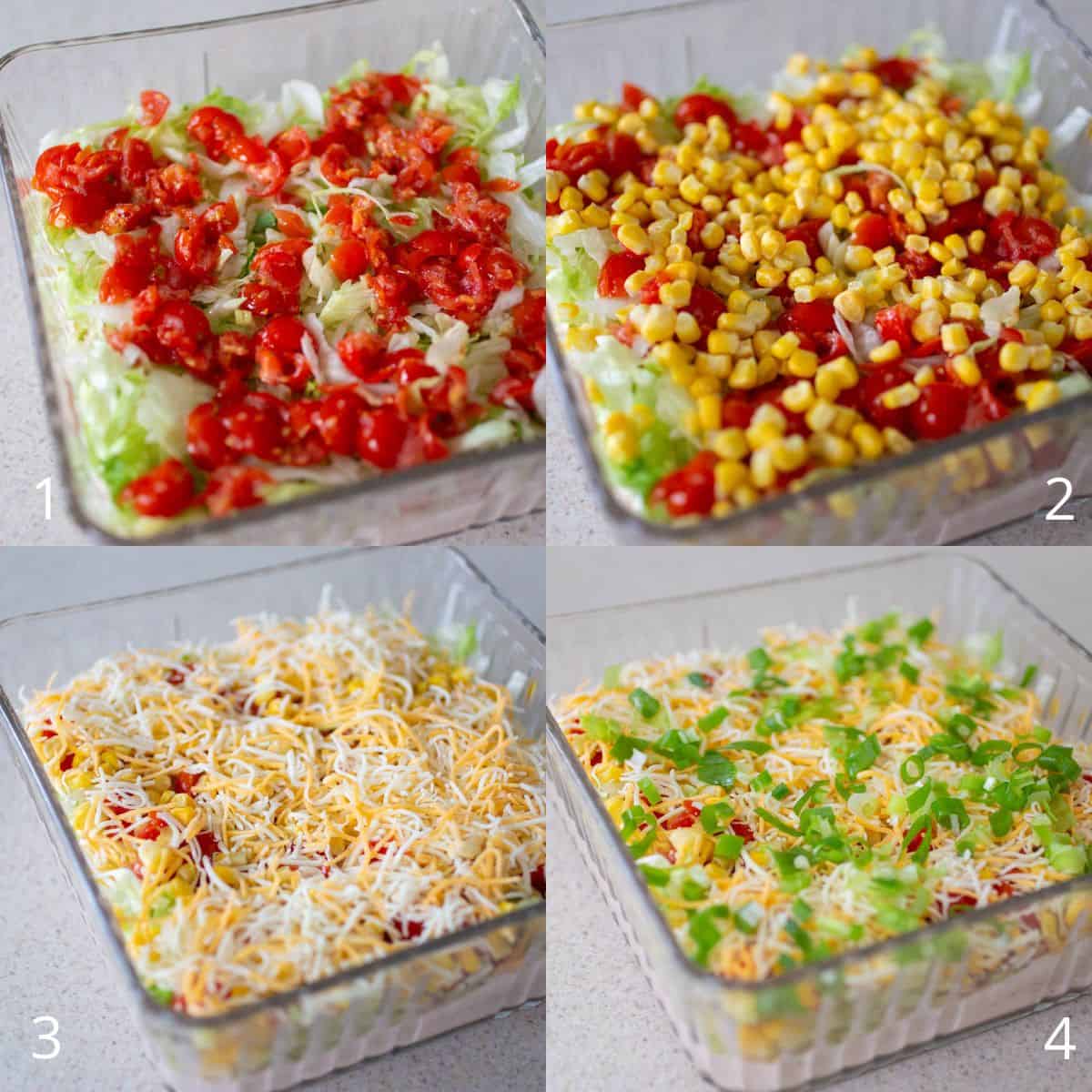 The step by step photos show how to layer the veggies on top of the taco base.