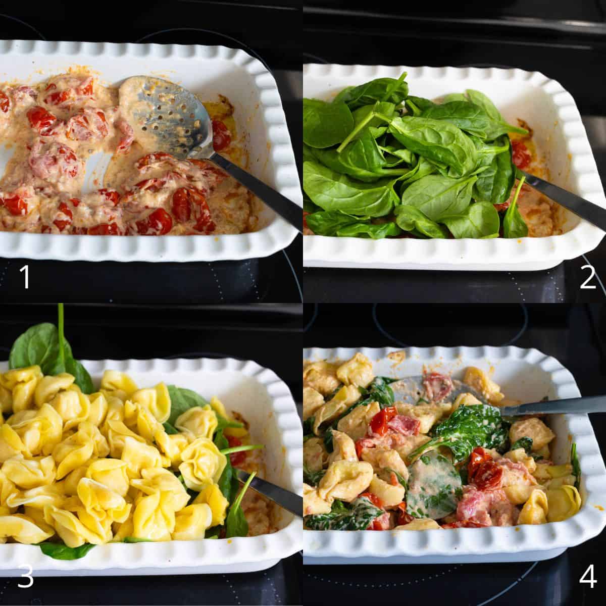 The step by step photos show how to stir the sauce, add spinach, toss the tortellini in and bake.
