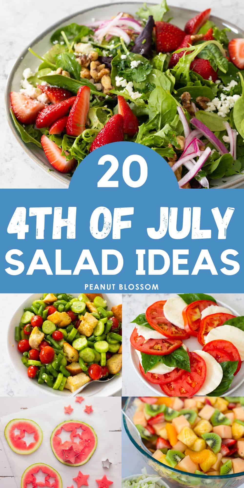 The photo collage shows several fresh salads for the 4th of July.