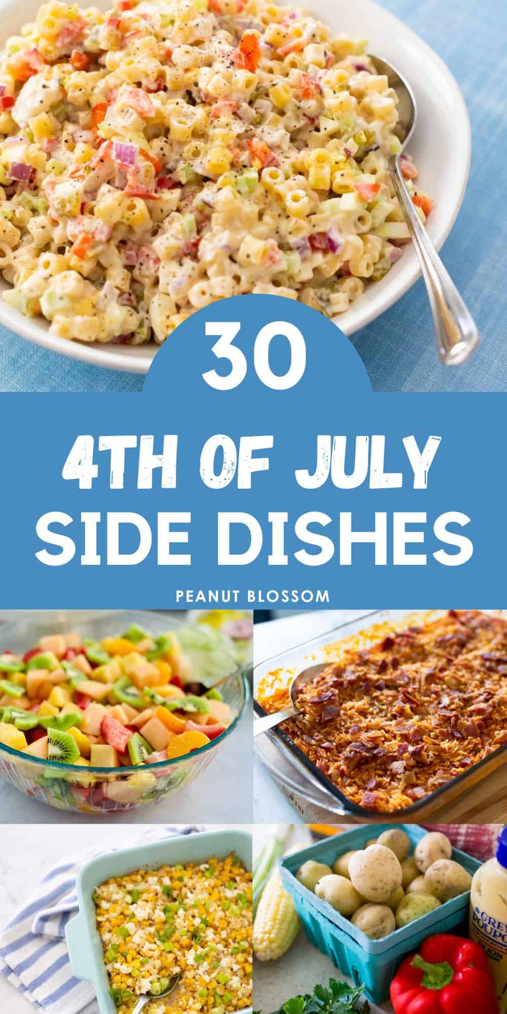 The photo collage shows a macaroni salad, fruit salad, red rice casserole, corn casserole, and fresh potatoes with vegetables.