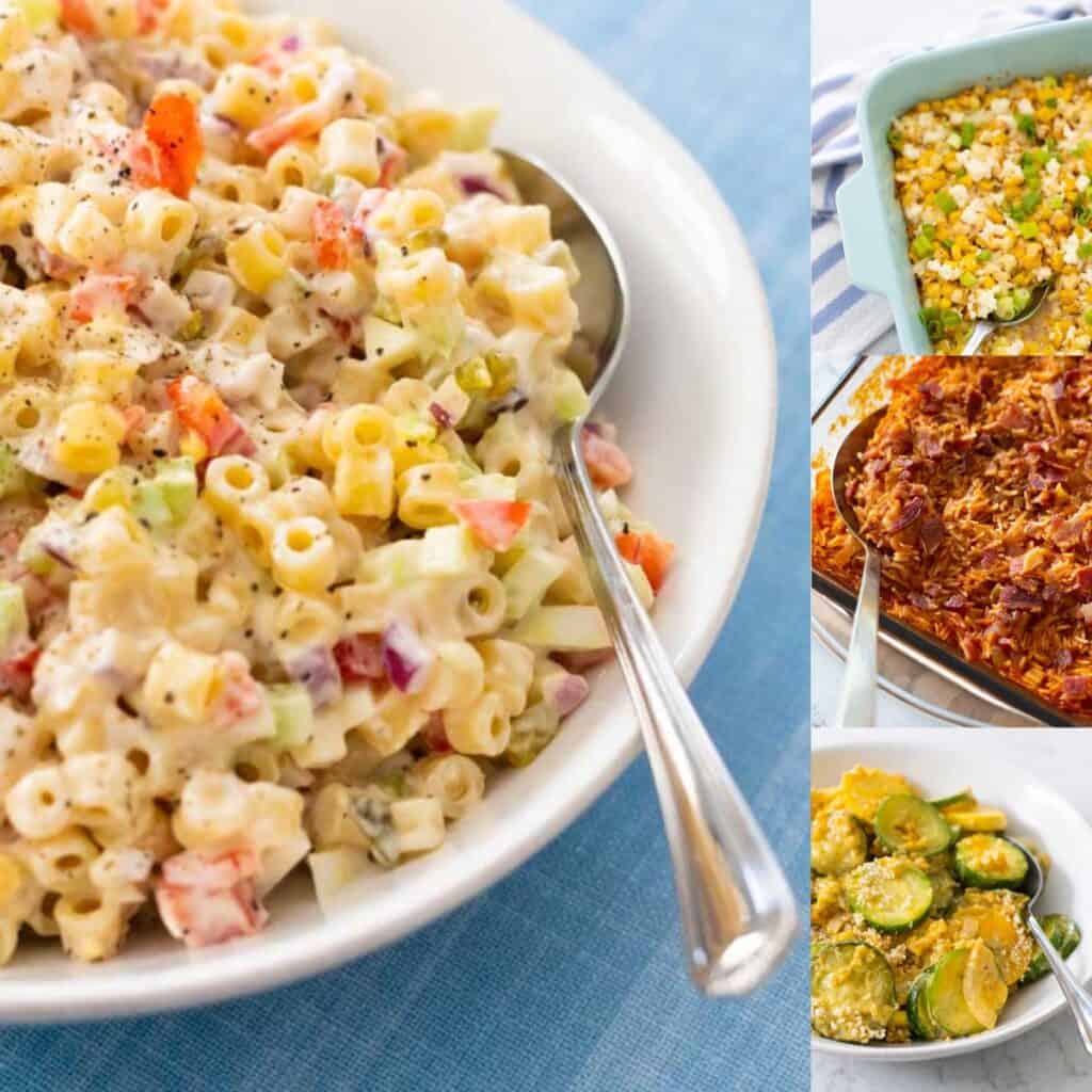 A photo collage shows macaroni salad, corn casserole, a baked red rice, and squash casserole.