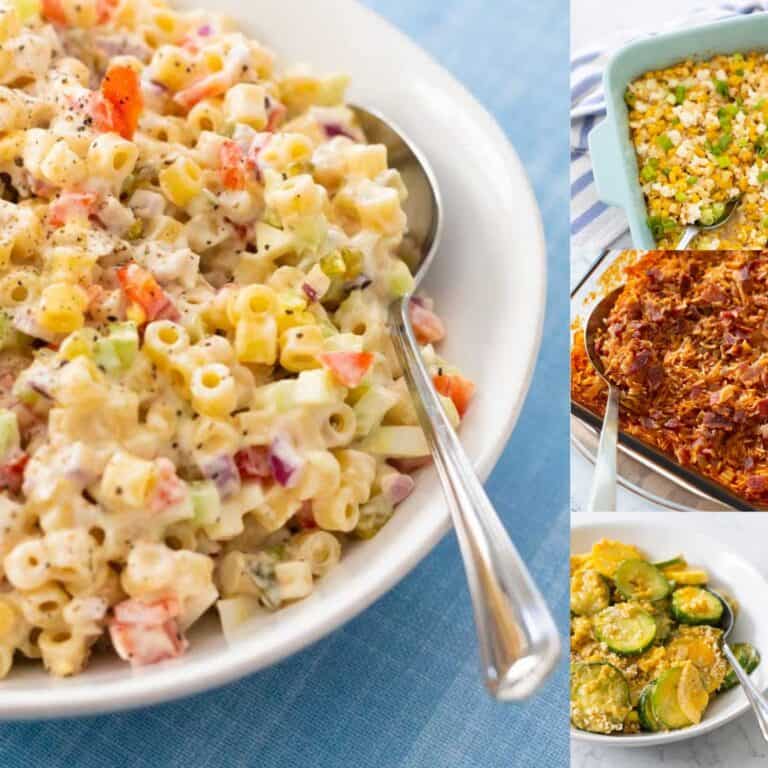 A photo collage shows macaroni salad, corn casserole, a baked red rice, and squash casserole.