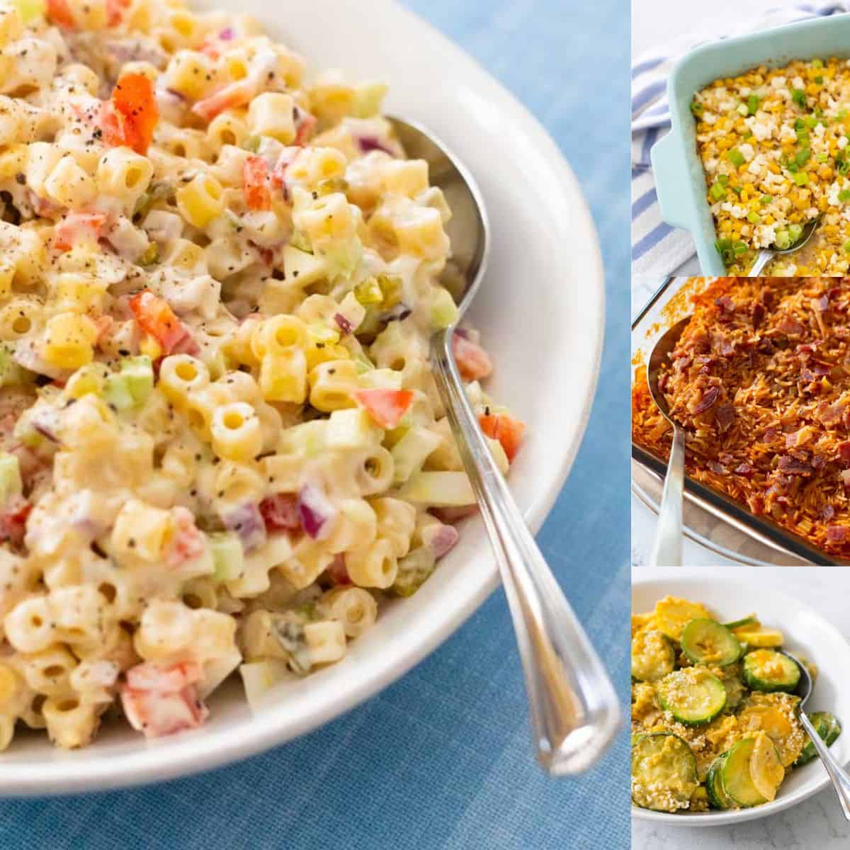 A photo collage shows macaroni salad, corn casserole, a baked red rice, and squash casserole.