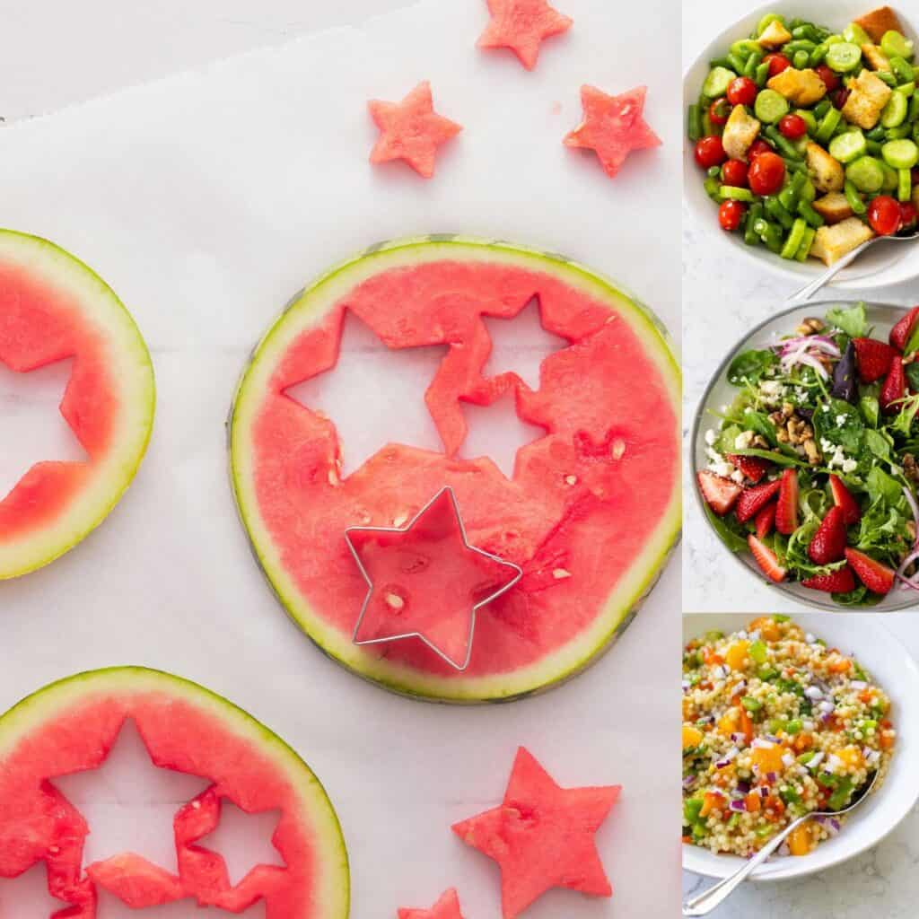 The photo collage shows a watermelon being sliced into stars next to 3 easy salads for the party