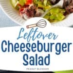 Photo collage: A bowl of cheeseburger salad on top, the burgers grilling outside below.