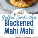The seasoned mahi mahi is on a bun with lettuce and tomato. The bottom photo shows the fish being seasoned on a baking pan.