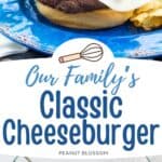 The photo collage shows the cheeseburger on top and a mixing bowl of ground beef with seasonings below.