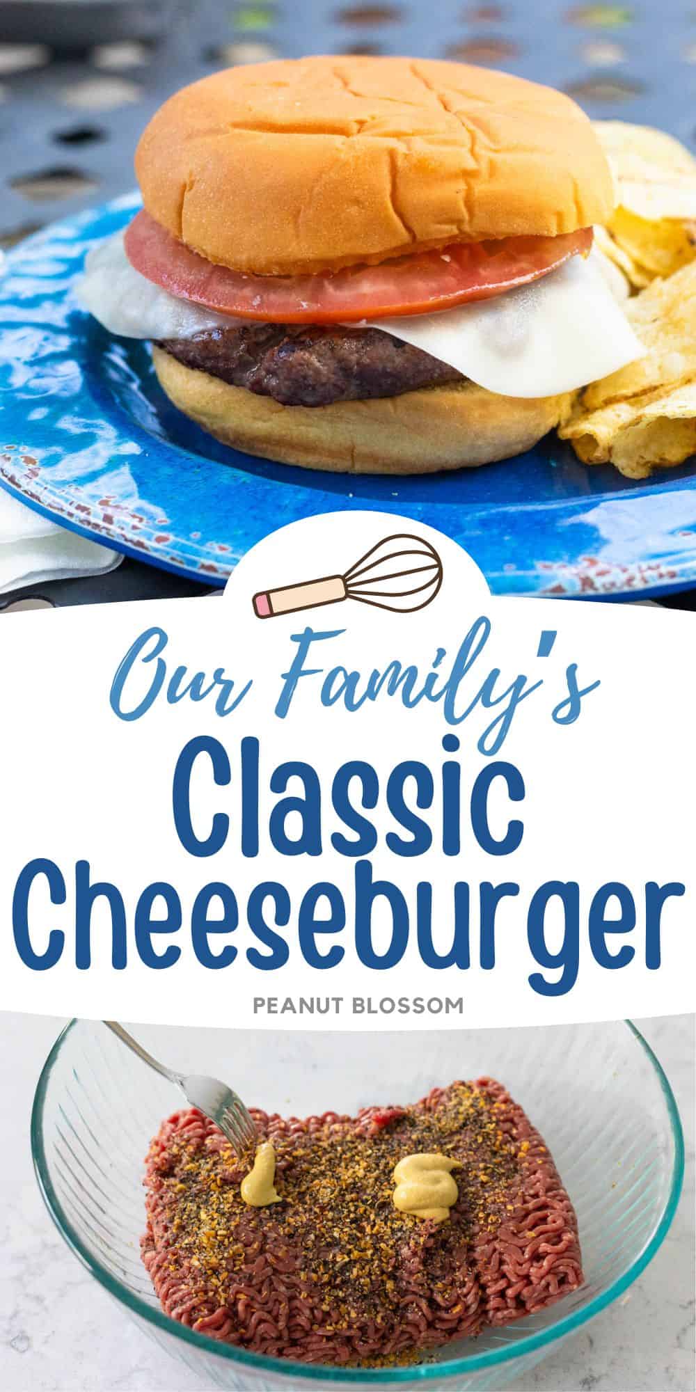 The photo collage shows the cheeseburger on top and a mixing bowl of ground beef with seasonings below.