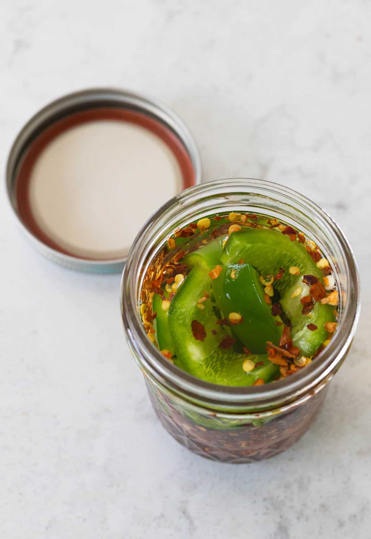 The finished jar of peppered vinegar is ready for the fridge.