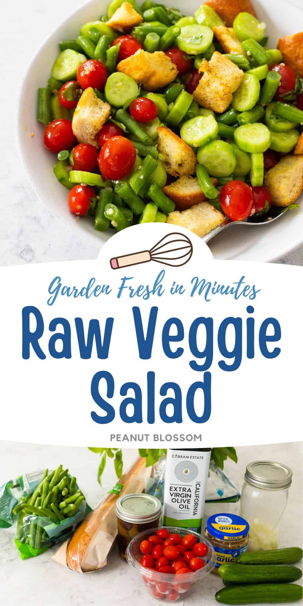 A bowl of raw vegetables with croutons.