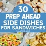 The photo collage shows a party table filled with sandwiches and side dishes like chips and dip and pasta salads.