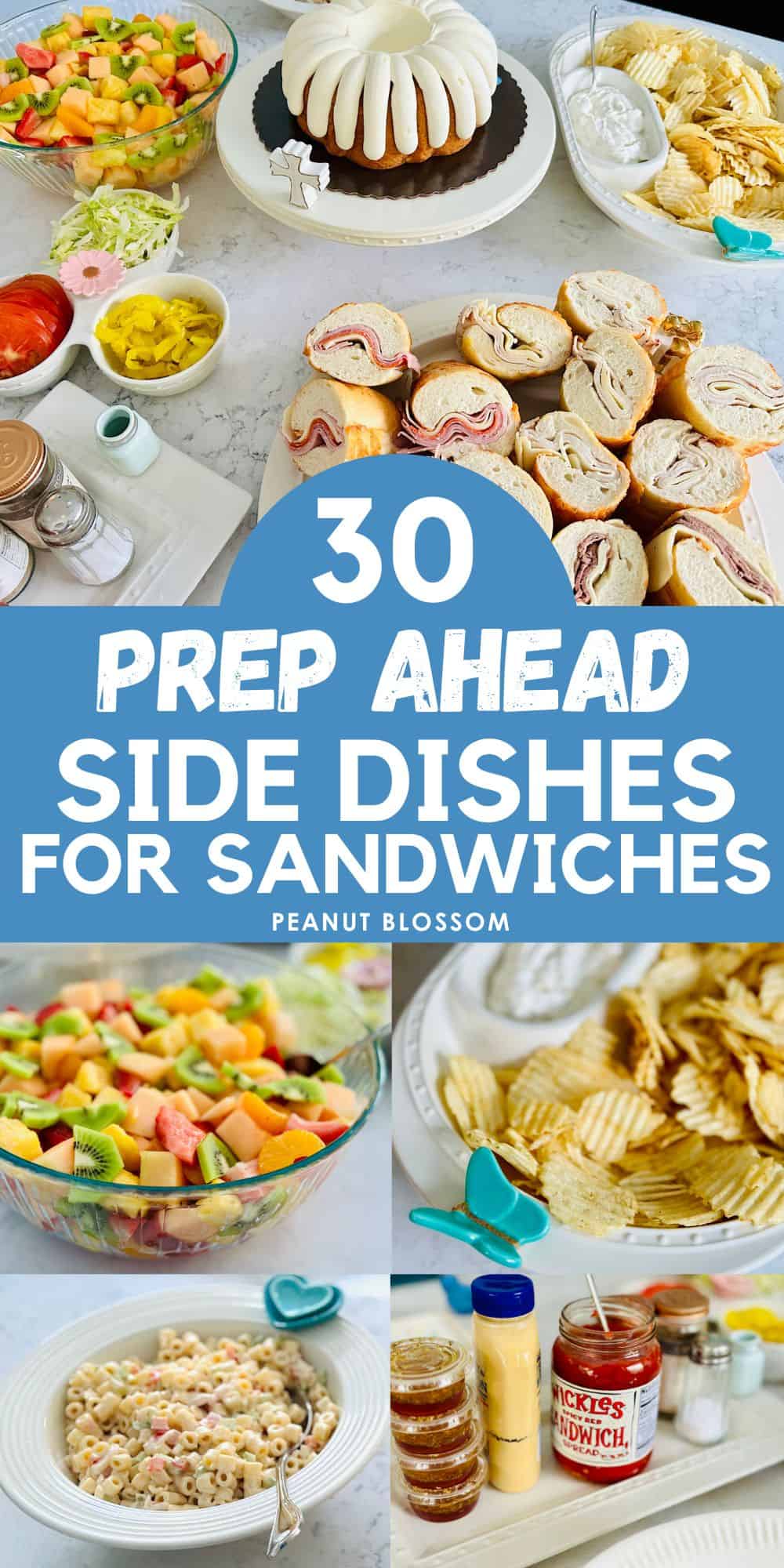 The photo collage shows a party table filled with sandwiches and side dishes like chips and dip and pasta salads.