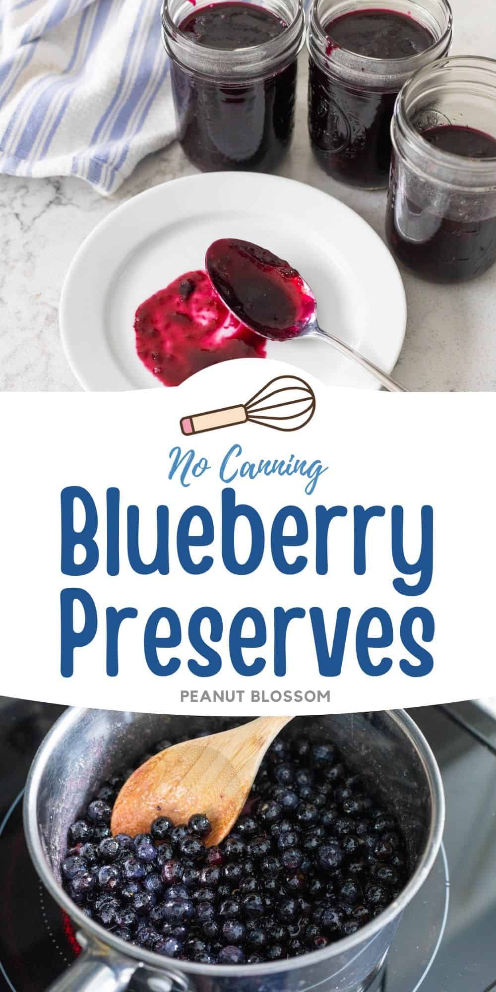 The photo collage shows the jars of blueberry preserves next a plate with a spoon spreading some of the jam to show the texture next to a photo of the blueberries in a saucepan.