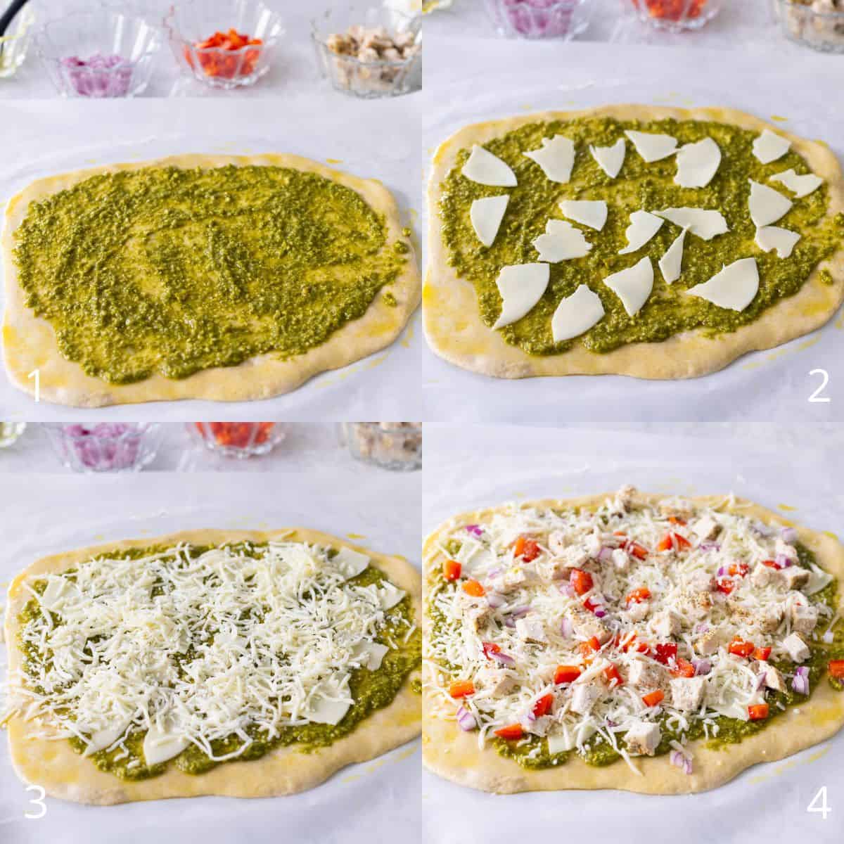 Step by step photos show how to assemble the pesto pizza.